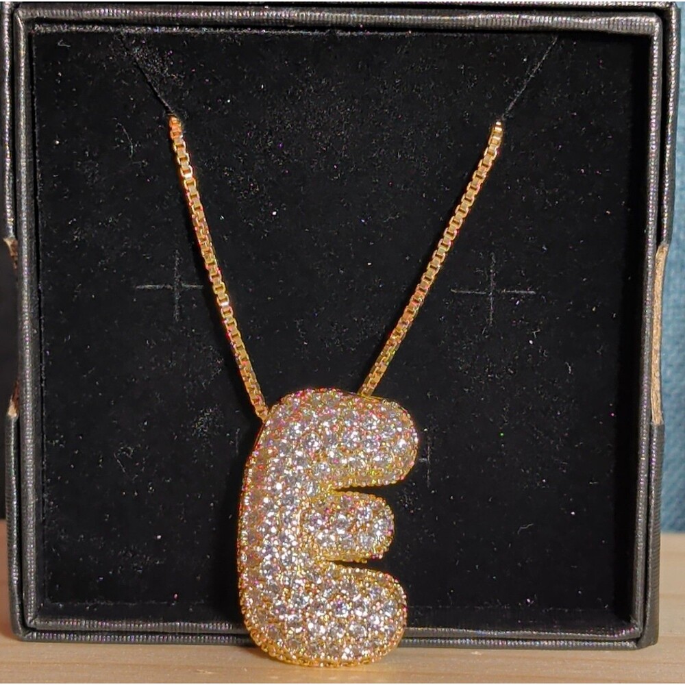 Bubble Letter E Necklace Rhinestone Gold Tone Y2K Vibe